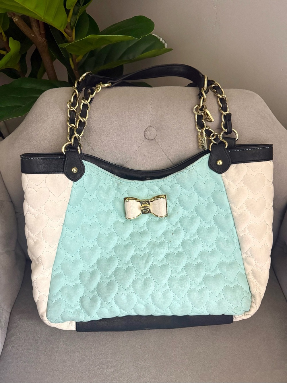 Betsey Johnson Mint and Cream Quilted Heart Tote with Gold Bow